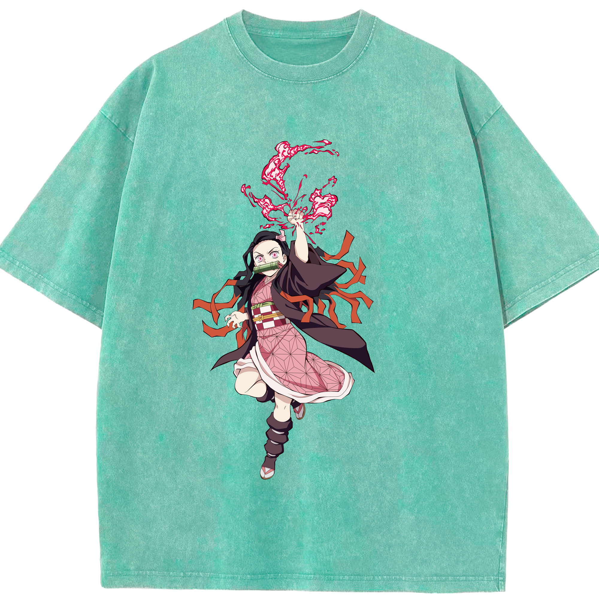 （画像用） 鬼滅の刃（きめつのやいば）竈門 禰󠄀豆子／かまど ねずこ Kamado Nezuko 綿100% ヴィンテージ風 半袖Tシャツ（フロントプリント）